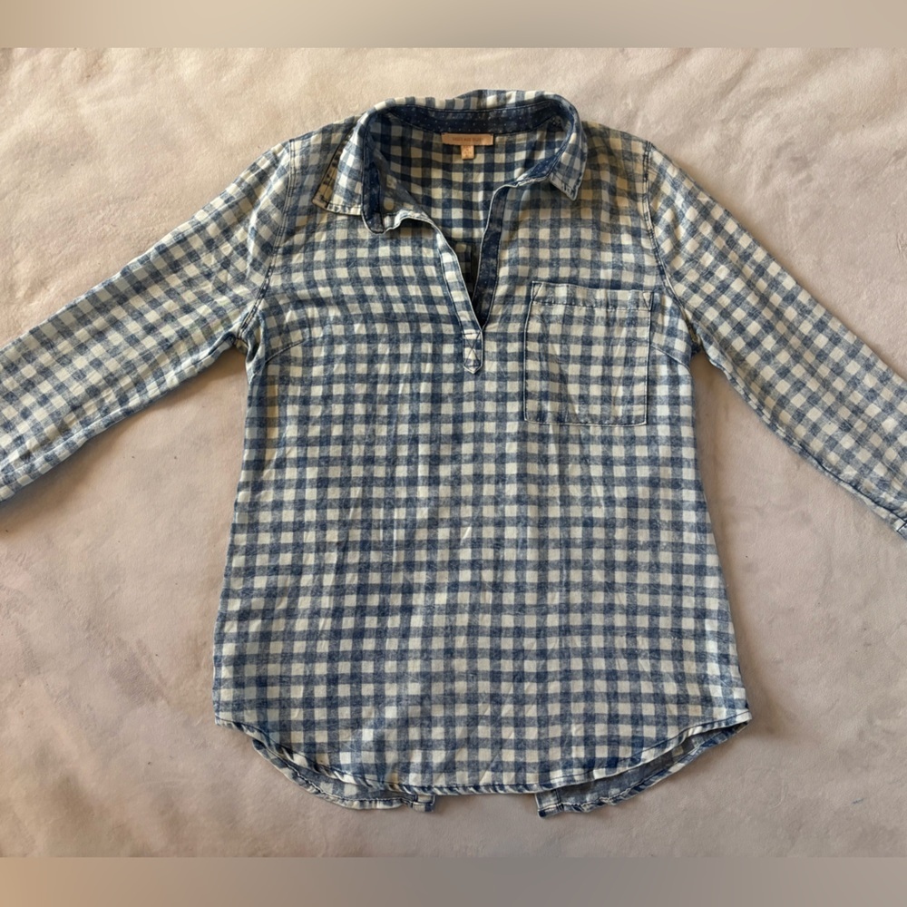 Blue & White Gingham Cotton Pullover Shirt | Back Button Detail | Casual XL - Picture 2 of 12
